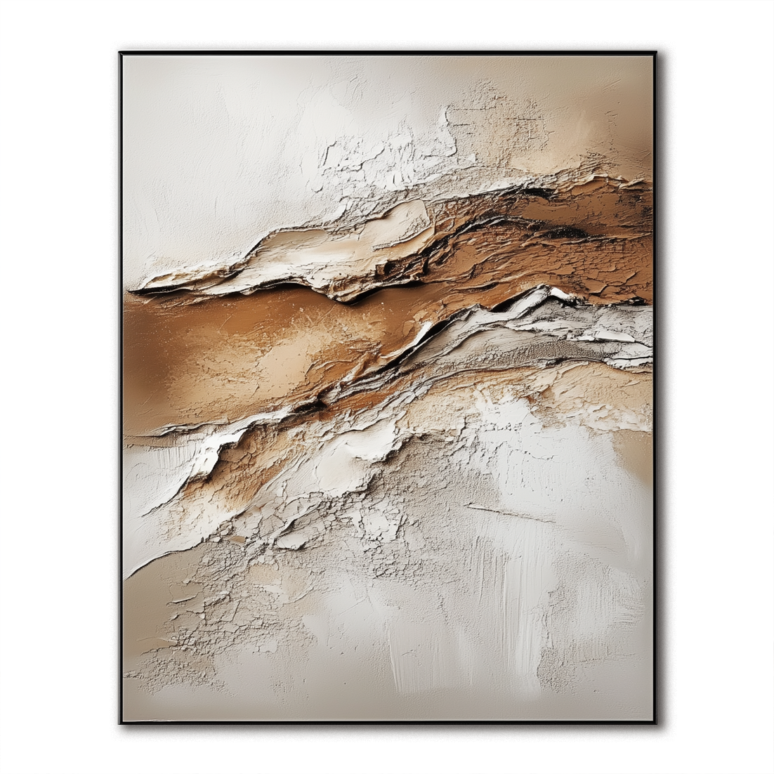 Textured abstract painting with earthy tones of beige, brown, and white.