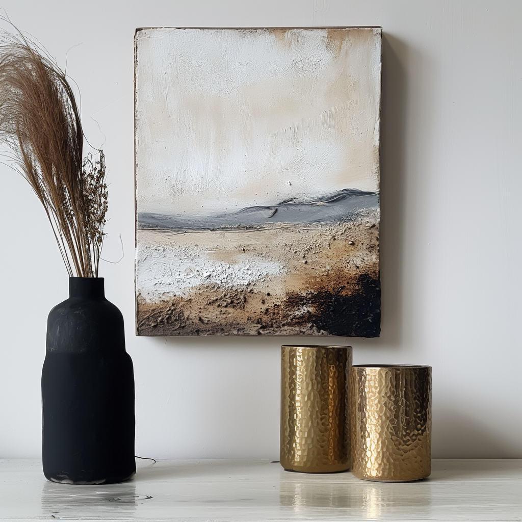 Textured nature art with abstract landscape in beige, gray, and black tones.