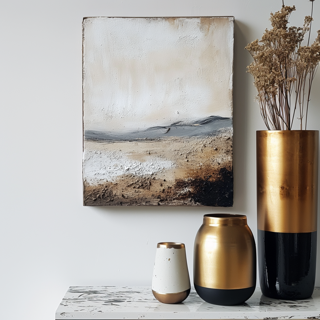 Textured nature art with abstract landscape in beige, gray, and black tones.