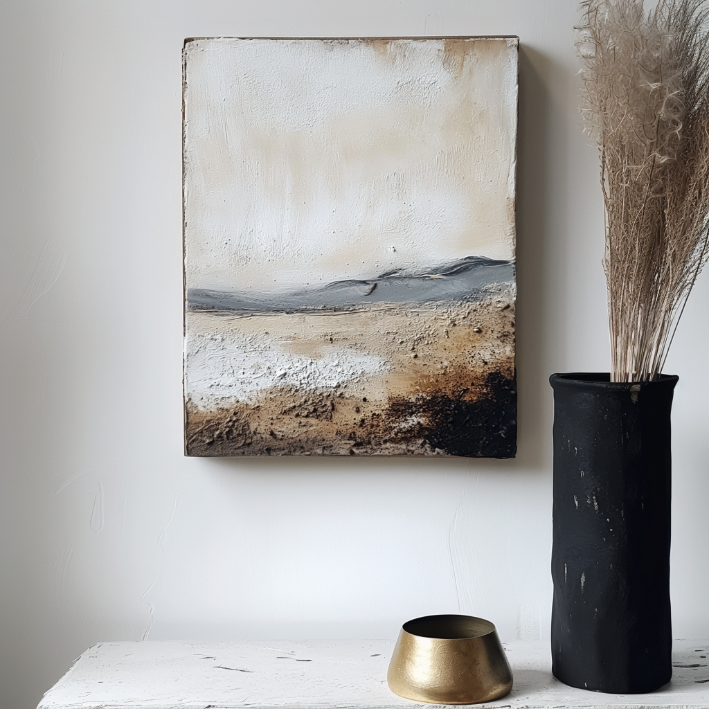 Textured nature art with abstract landscape in beige, gray, and black tones.