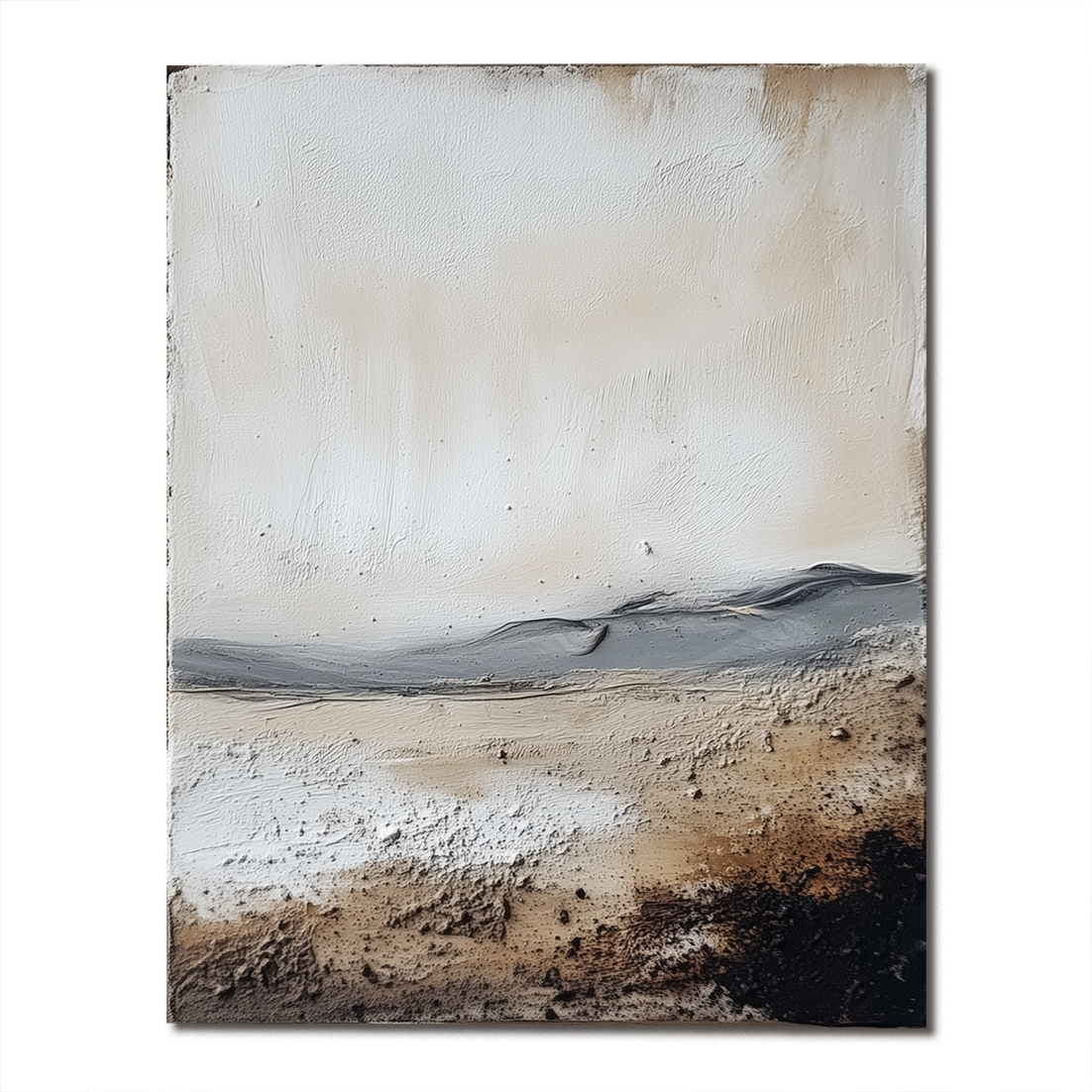 Textured nature art with abstract landscape in beige, gray, and black tones.
