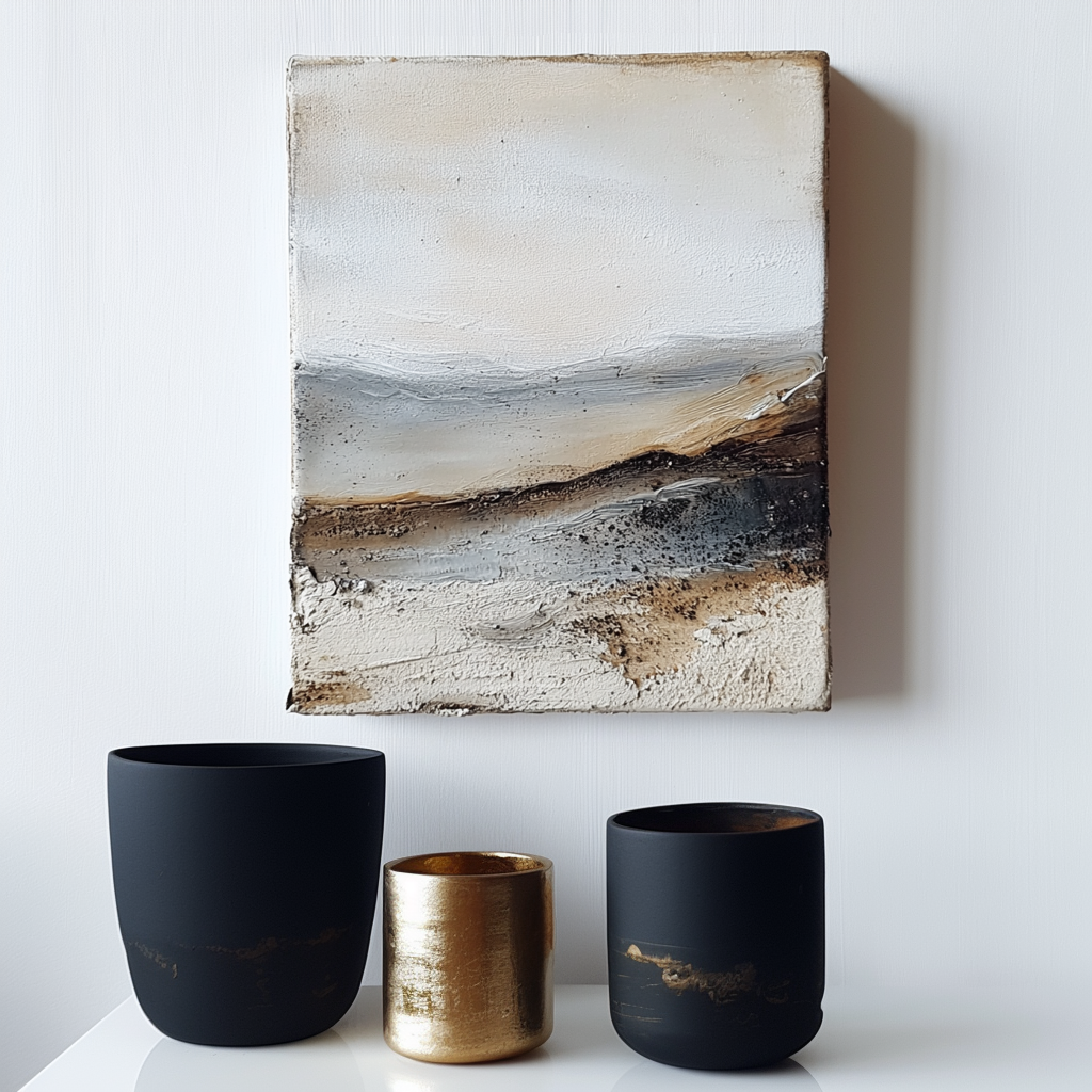 Textured nature art featuring abstract landscape with beige, gray, and brown tones.
