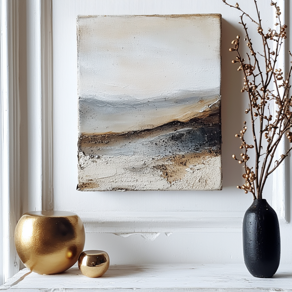 Textured nature art featuring abstract landscape with beige, gray, and brown tones.