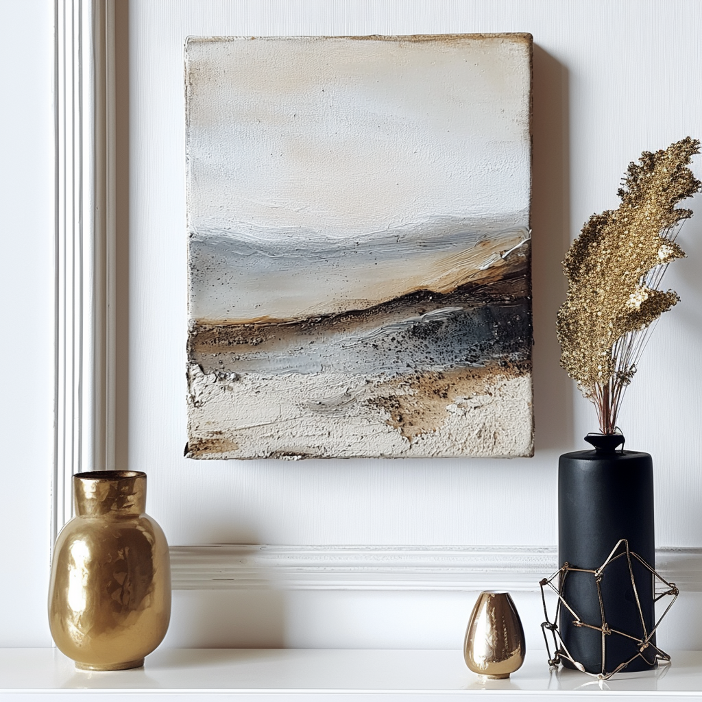 Textured nature art featuring abstract landscape with beige, gray, and brown tones.