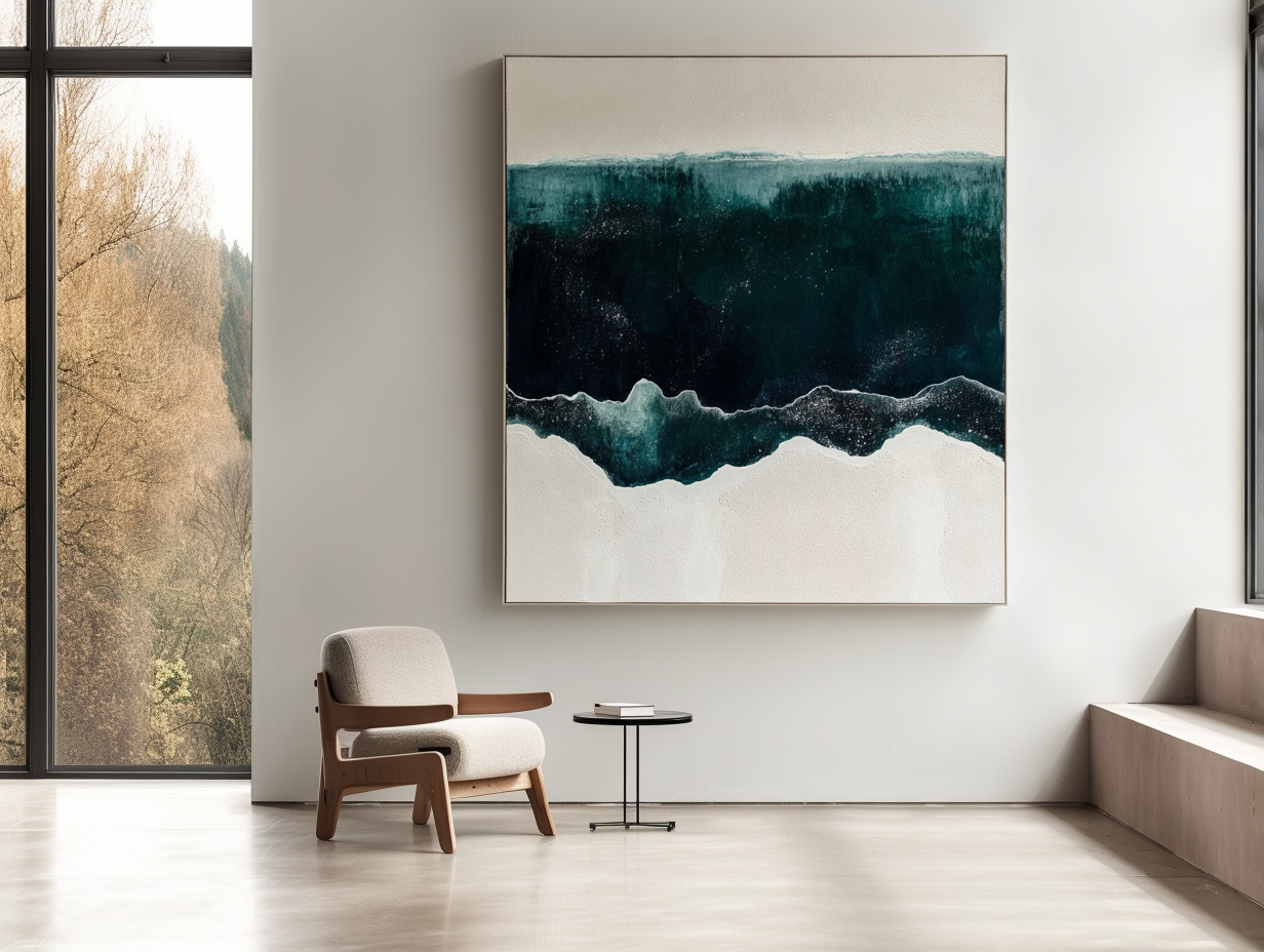 Ocean abstract art with deep teal and white waves, evoking the sea.