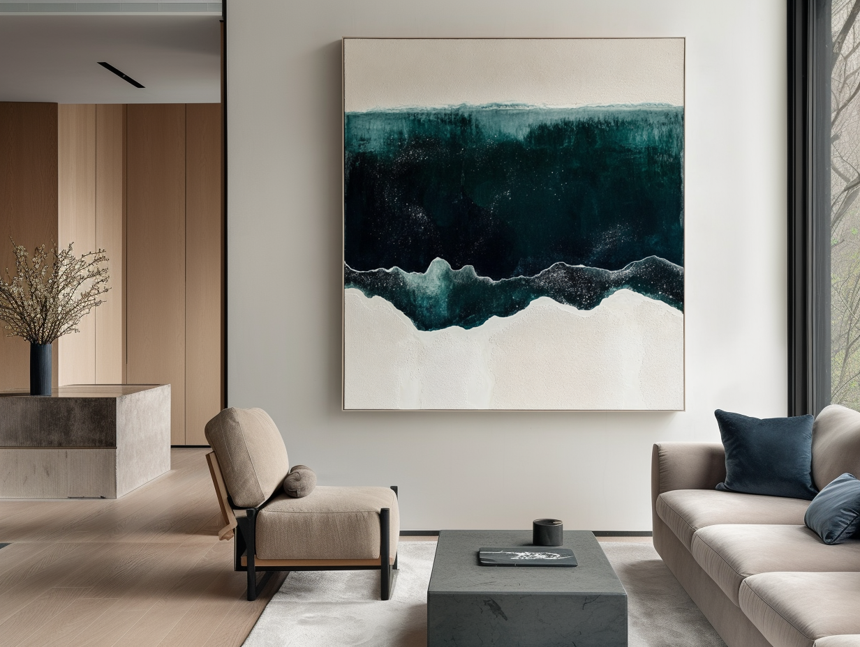 Ocean abstract art with deep teal and white waves, evoking the sea.