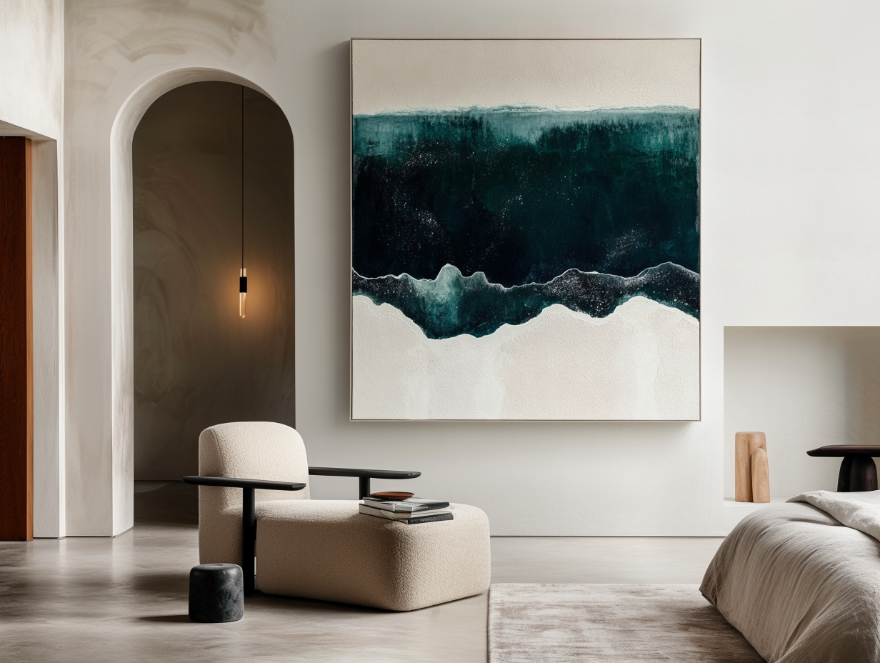 Ocean abstract art with deep teal and white waves, evoking the sea.