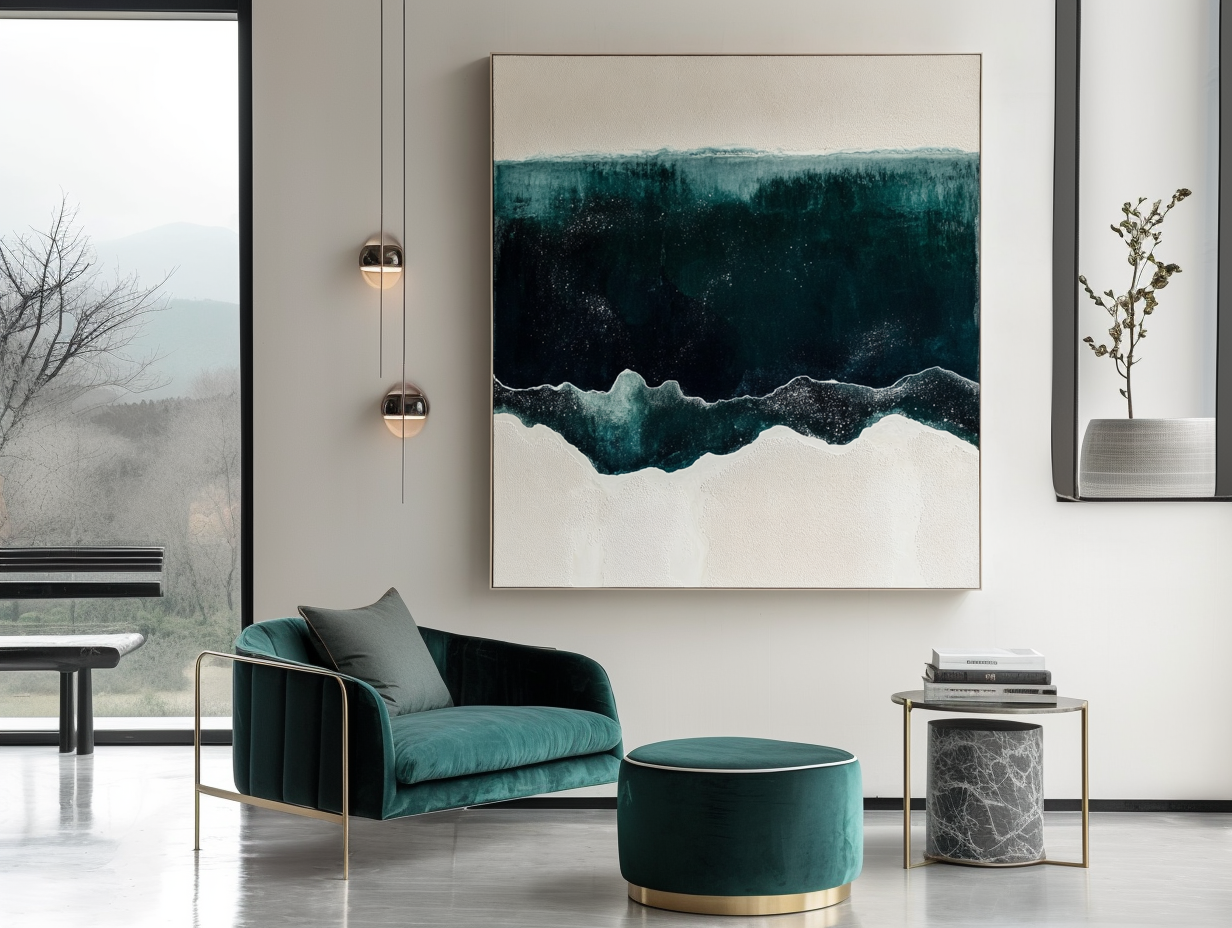 Ocean abstract art with deep teal and white waves, evoking the sea.