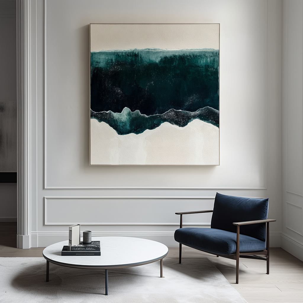 Ocean abstract art with deep teal and white waves, evoking the sea.