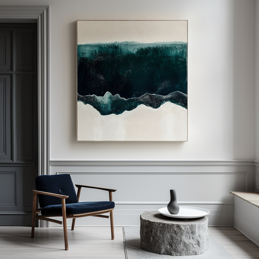 Ocean abstract art with deep teal and white waves, evoking the sea.