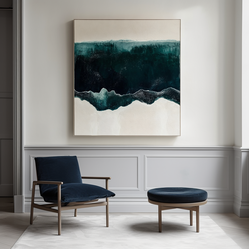 Ocean abstract art with deep teal and white waves, evoking the sea.
