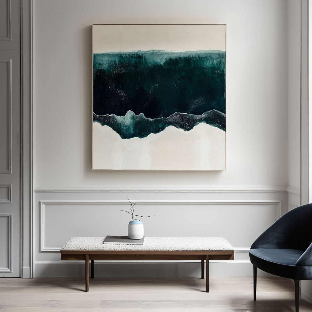 Ocean abstract art with deep teal and white waves, evoking the sea.