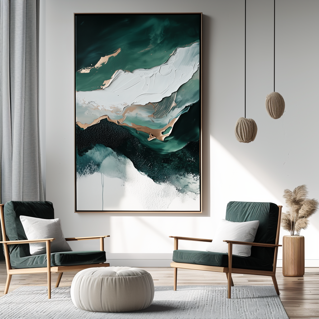 Abstract water waves art with teal, white, and gold brushstrokes, mimicking ocean movement.
