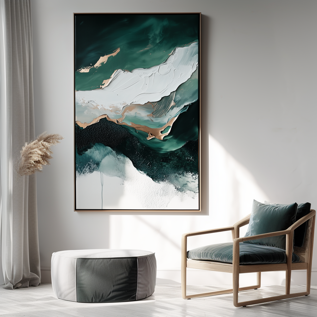 Abstract water waves art with teal, white, and gold brushstrokes, mimicking ocean movement.
