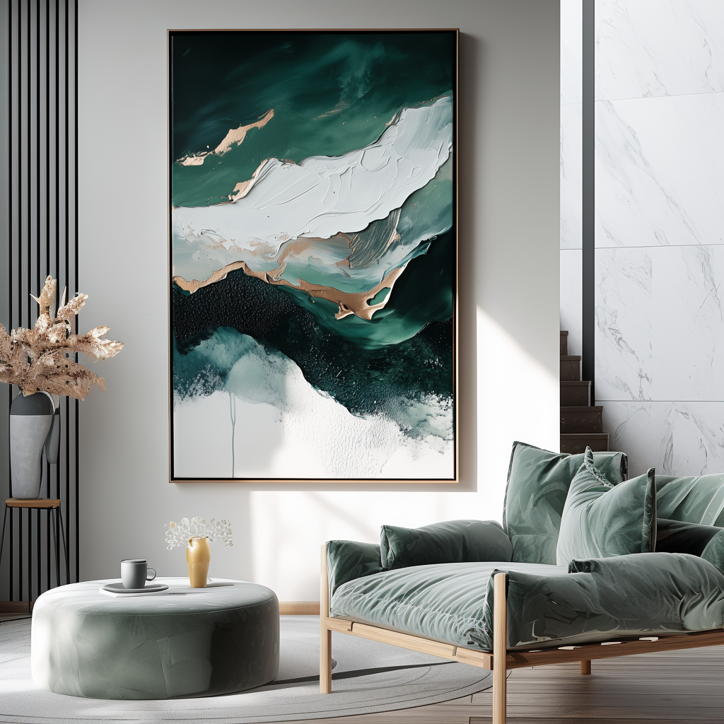 Abstract water waves art with teal, white, and gold brushstrokes, mimicking ocean movement.