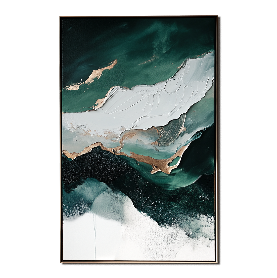 Abstract water waves art with teal, white, and gold brushstrokes, mimicking ocean movement.