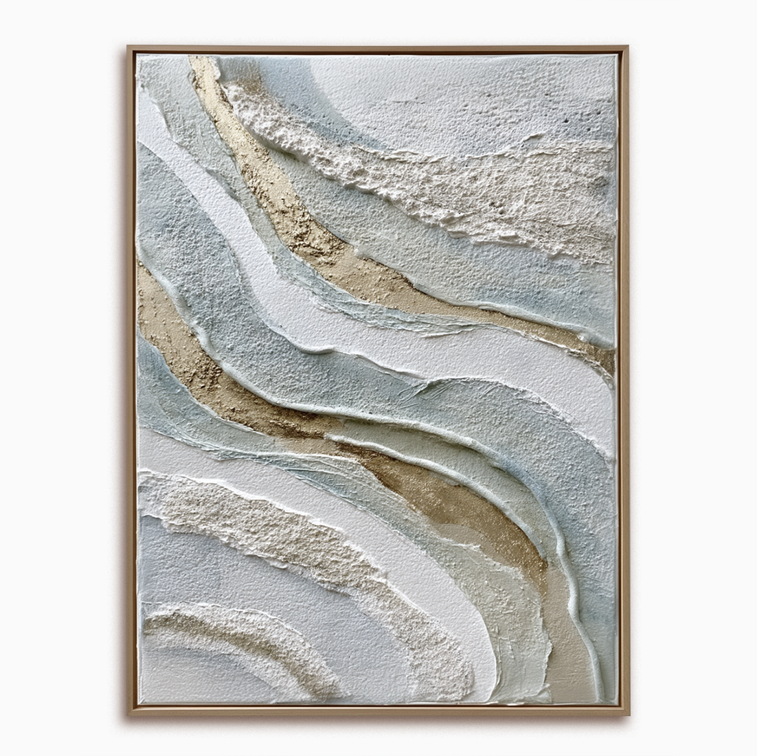 Textured abstract wall art with layered neutral tones in beige, white, and blue