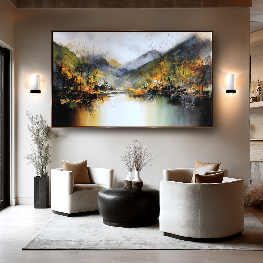 Echoes of Autumn – Hand-Painted Mountain Lake Reflection Landscape Wall Art