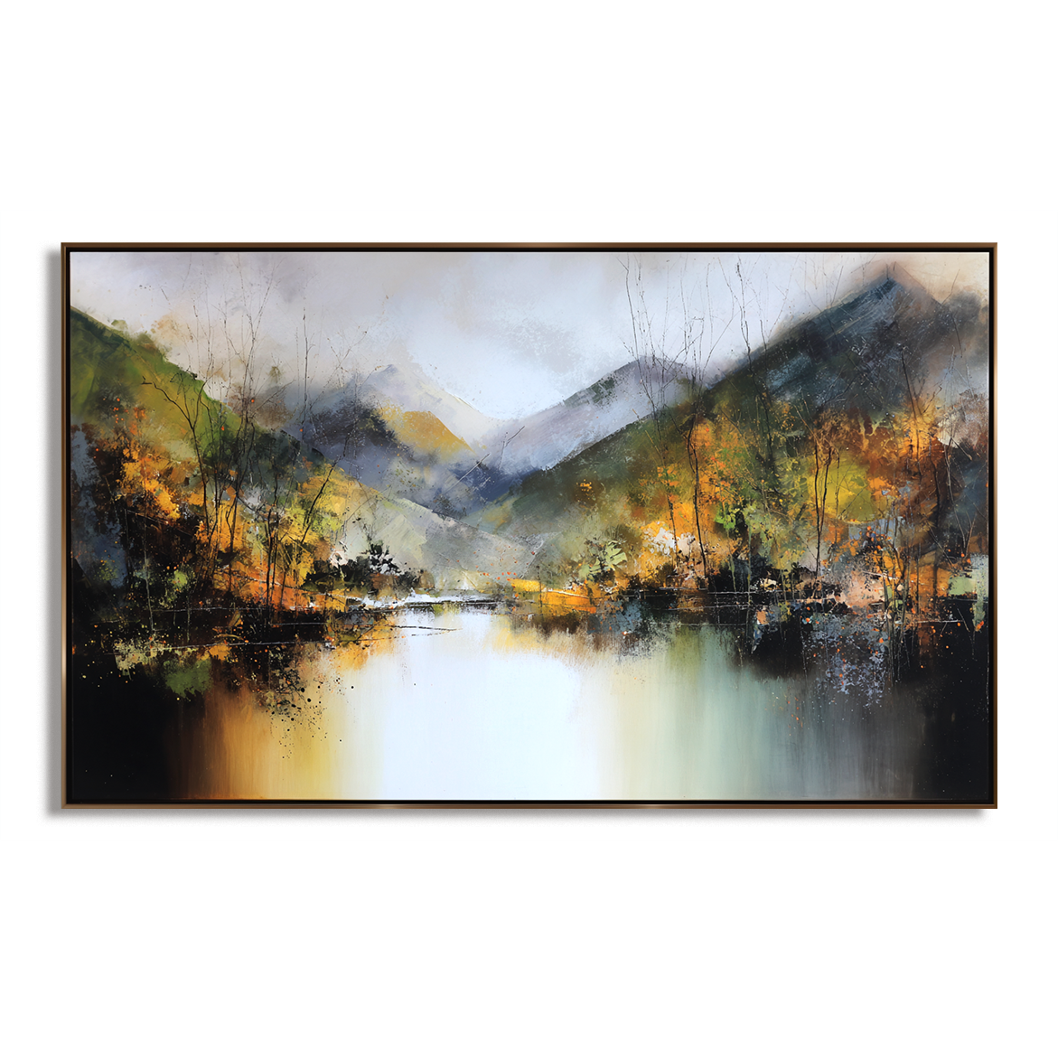 Echoes of Autumn – Hand-Painted Mountain Lake Reflection Landscape Wall Art