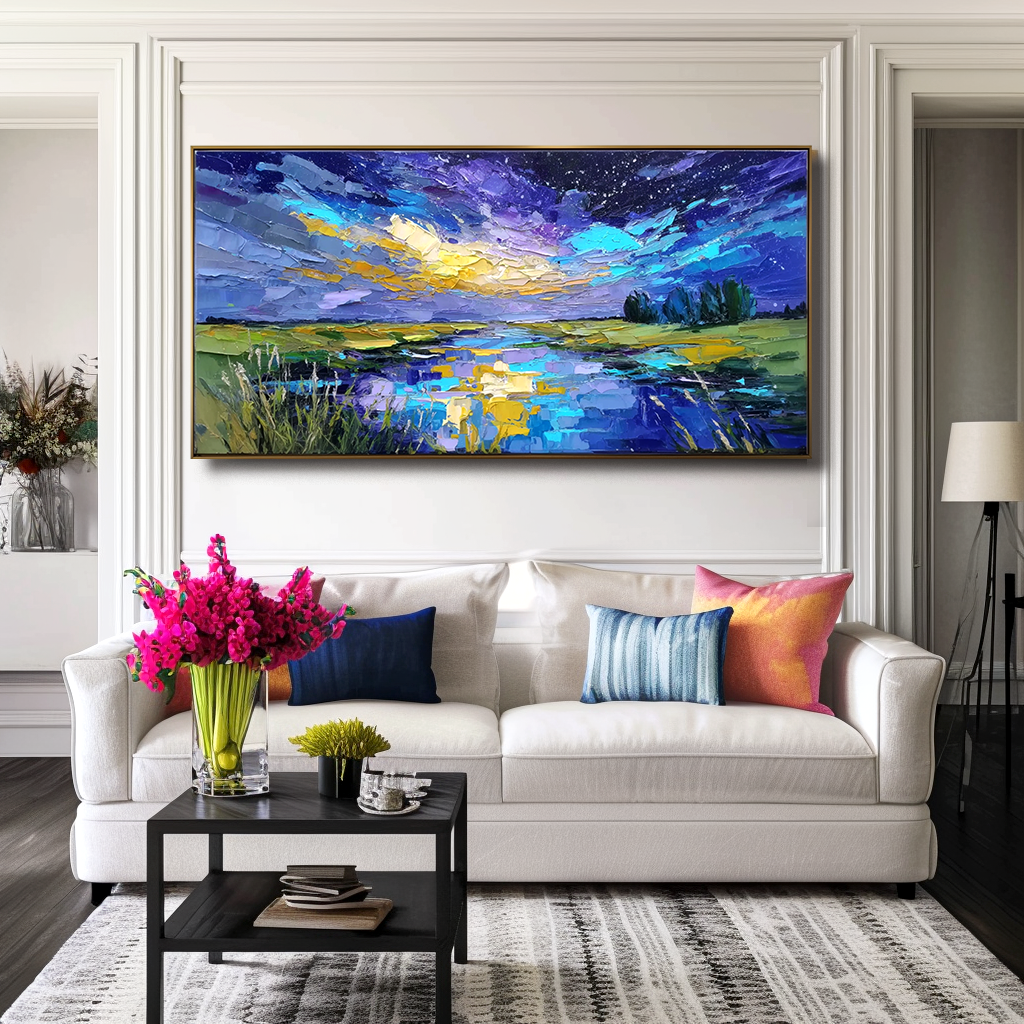 Celestial Reflection – Textured Night Sky Landscape Painting, Hand-Painted Canvas Art for Modern Interiors