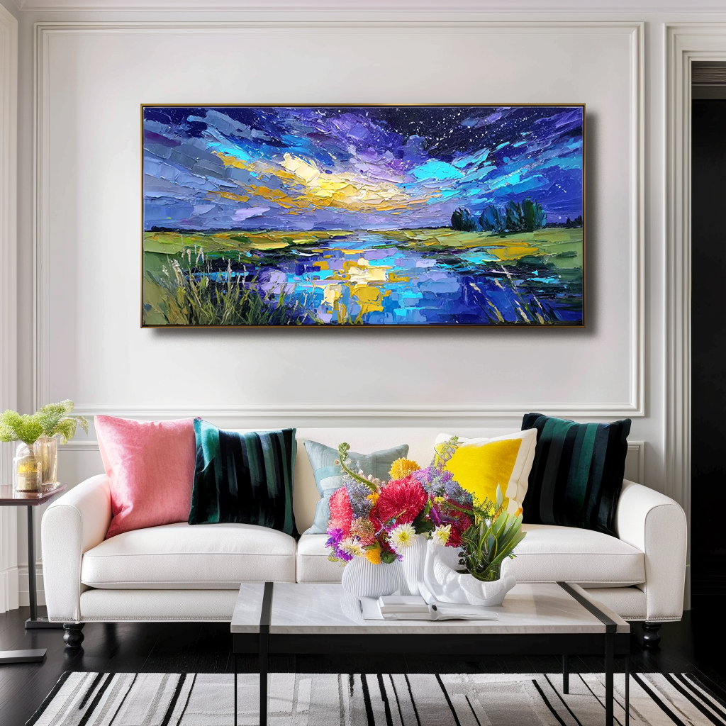 Celestial Reflection – Textured Night Sky Landscape Painting, Hand-Painted Canvas Art for Modern Interiors