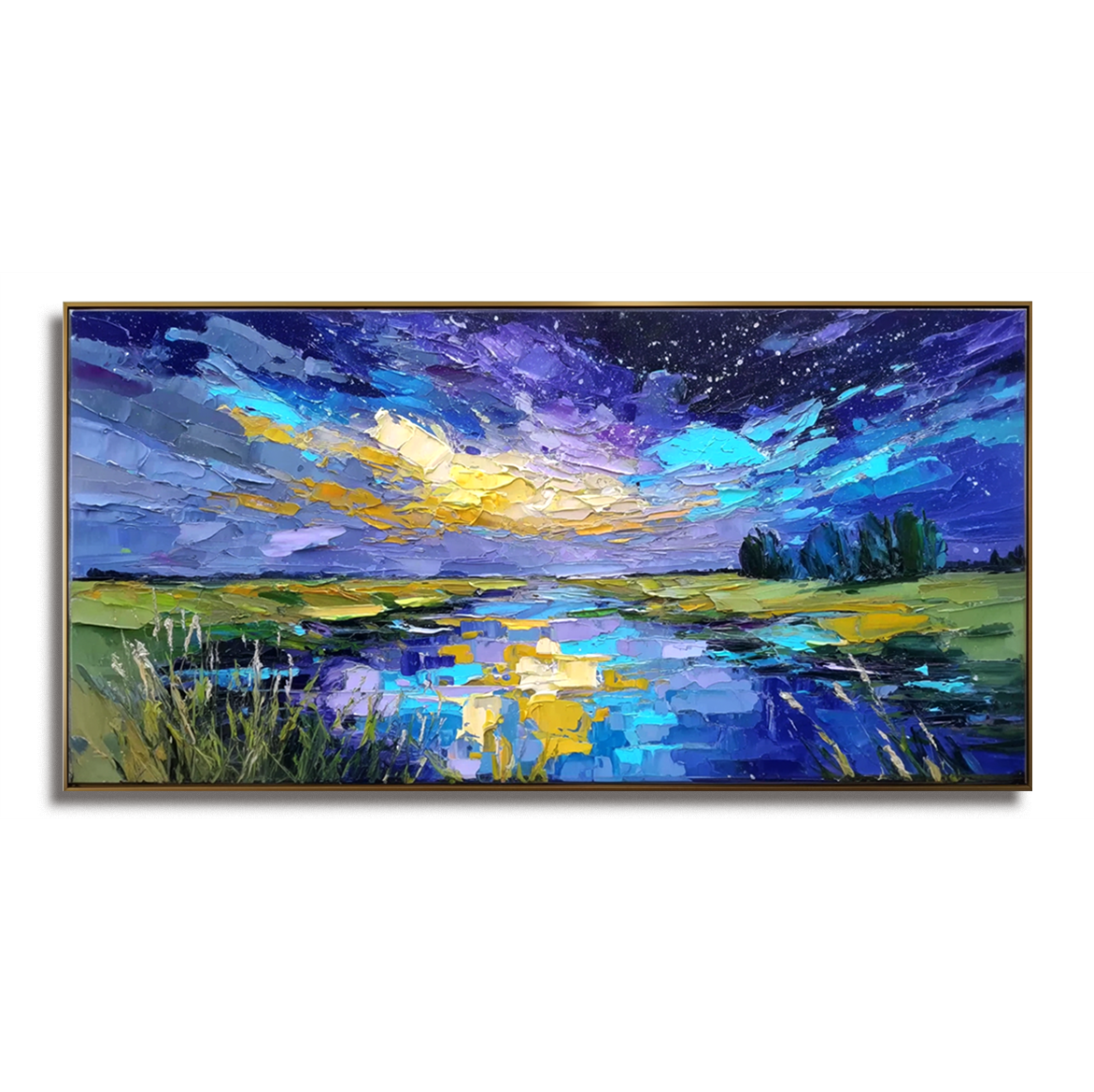 Celestial Reflection – Textured Night Sky Landscape Painting, Hand-Painted Canvas Art for Modern Interiors