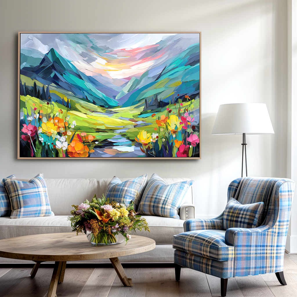 Radiant Valley – Colorful Textured Mountain Landscape Painting, Hand-Painted Canvas Wall Art for Living Room