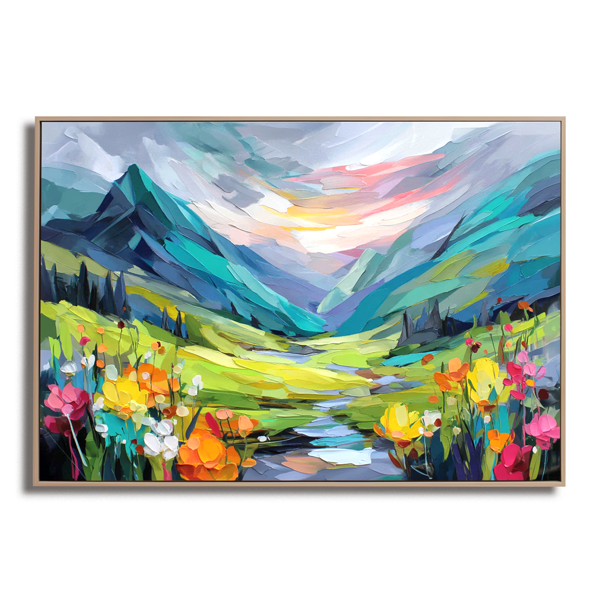 Radiant Valley – Colorful Textured Mountain Landscape Painting, Hand-Painted Canvas Wall Art for Living Room