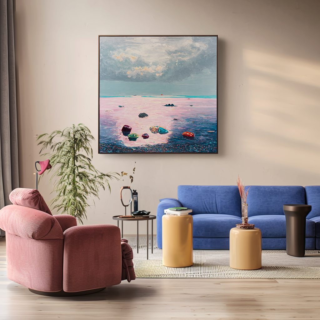 Twilight Shoreline abstract seascape wall art with pink sea and colorful stones