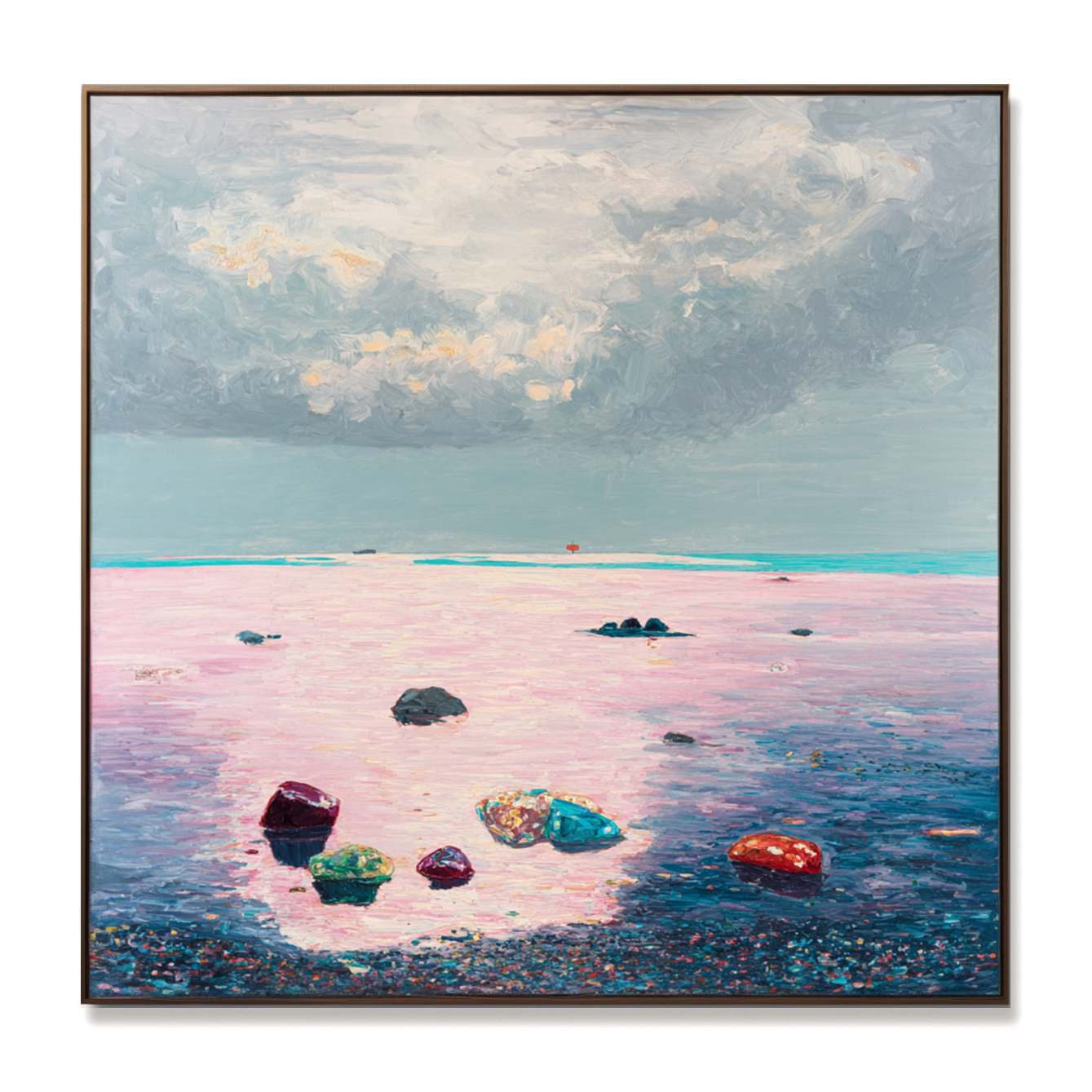 Twilight Shoreline abstract seascape wall art with pink sea and colorful stones