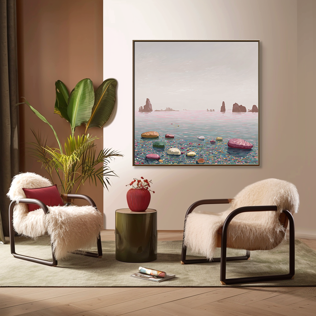 Serene Horizon abstract seascape canvas wall art with pink water and rocky shore