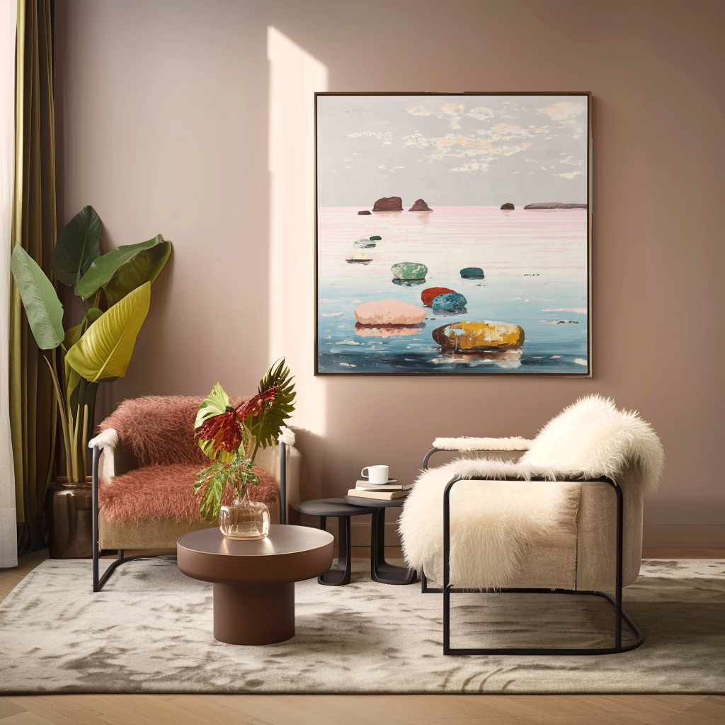 Path of Colors abstract seascape canvas wall art with colorful stones on calm water