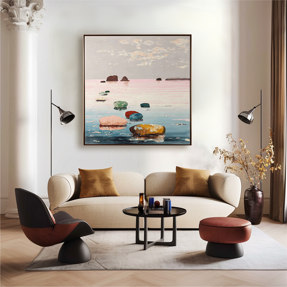 Path of Colors abstract seascape canvas wall art with colorful stones on calm water