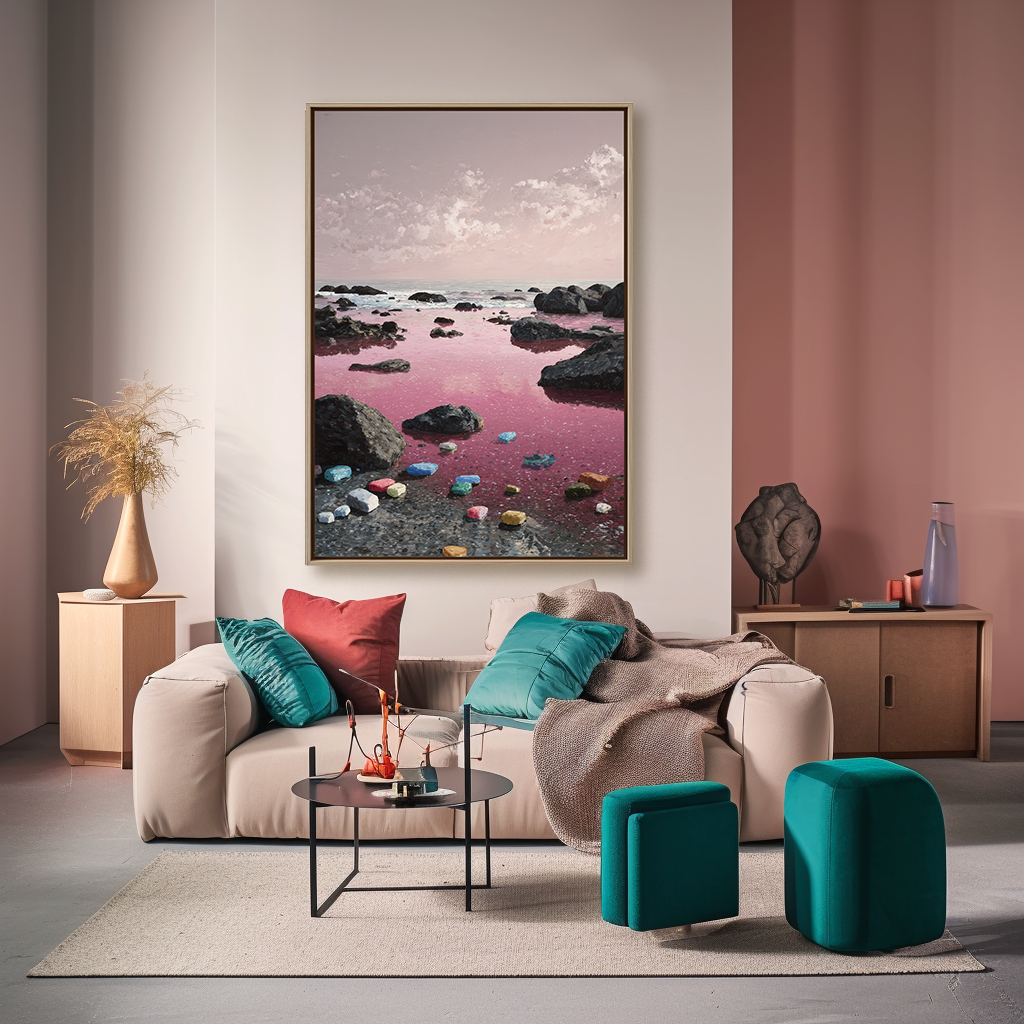 Pink Horizon – Abstract Seascape with Colorful Shore Stones
