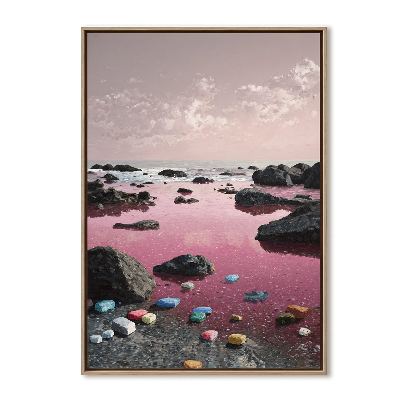 Pink Horizon – Abstract Seascape with Colorful Shore Stones