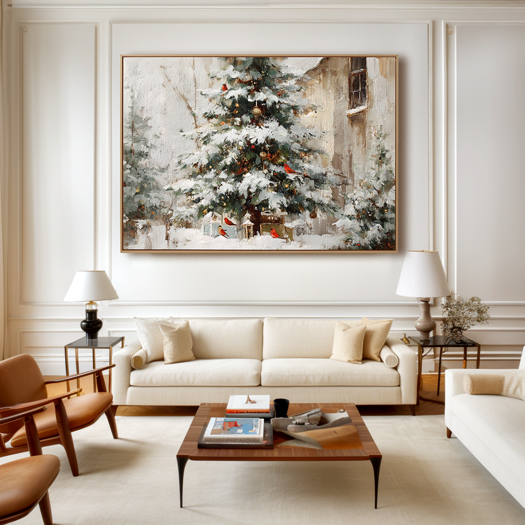 artextured – Christmas Eve Charm | Snowy Tree with Cardinals Textured Oil Painting