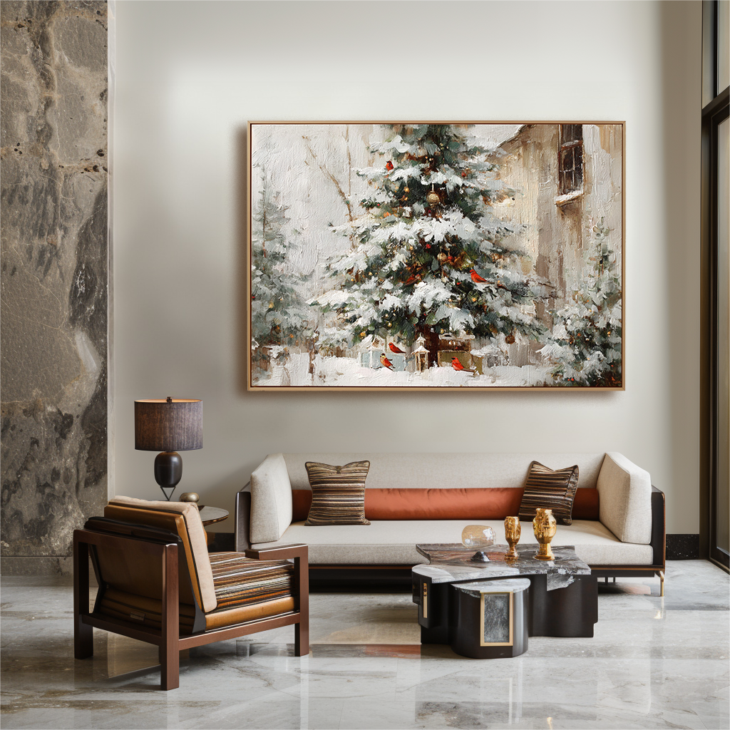 artextured – Christmas Eve Charm | Snowy Tree with Cardinals Textured Oil Painting