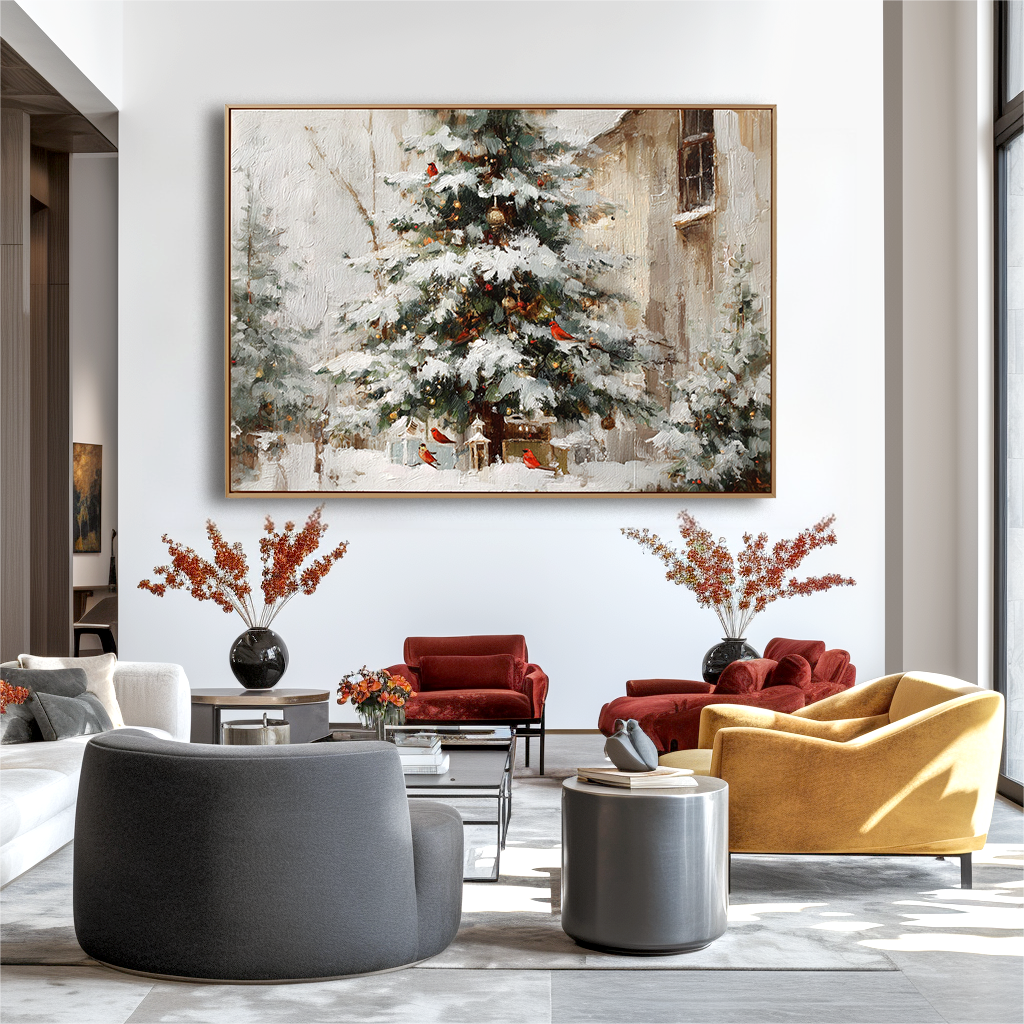 artextured – Christmas Eve Charm | Snowy Tree with Cardinals Textured Oil Painting
