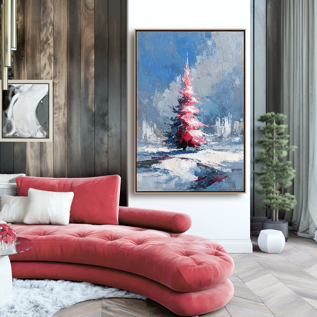 artextured – Crimson Christmas Tree | Textured Holiday Oil Painting