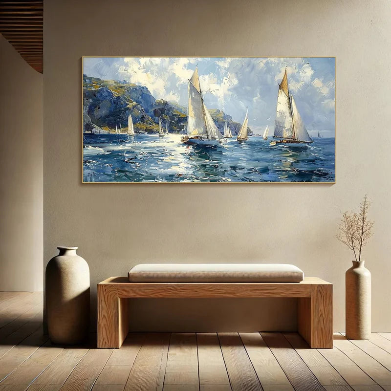 Sailing Yachts on Ocean – Textured Seascape Canvas Art#AB0519049