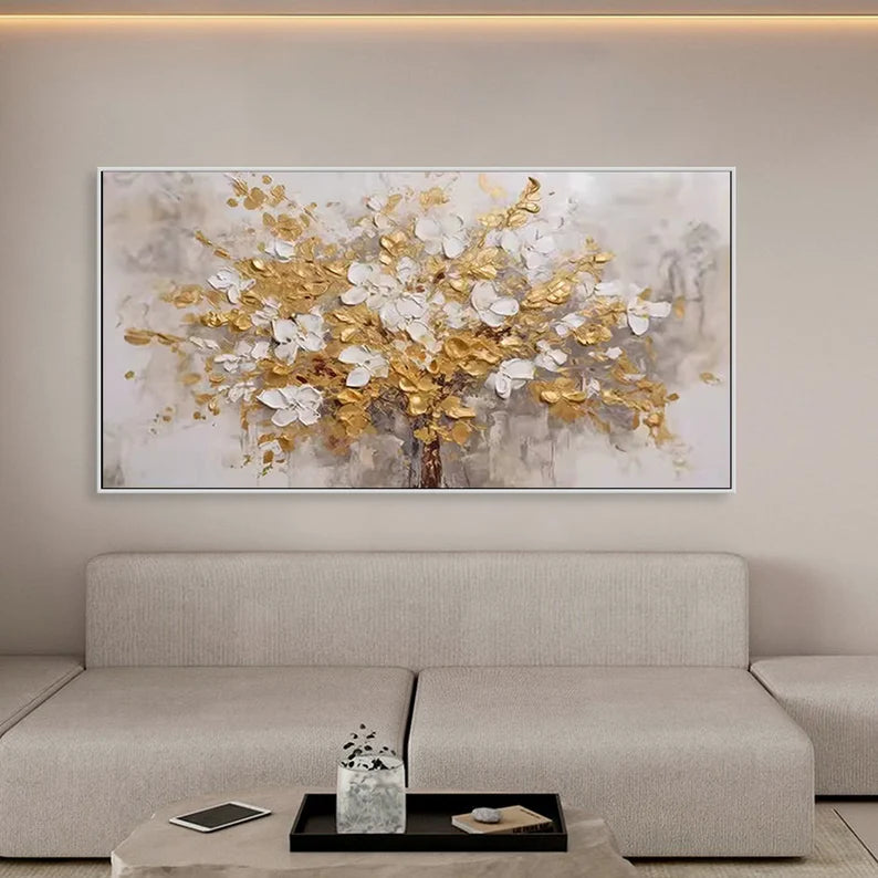 Gold White Blooming Tower Tree Painting #art2627