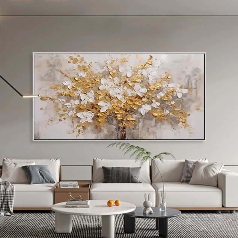 Gold White Blooming Tower Tree Painting #art2627