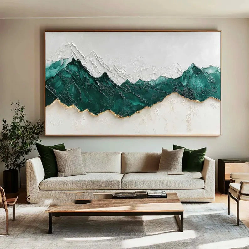 Abstract Mountain Wall Art Green White Texture Painting