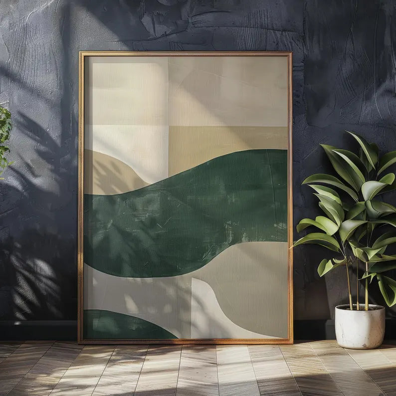 Modern Abstract Canvas Art - Minimalist Green and Beige Wall Decor