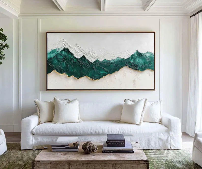 Abstract Mountain Wall Art Green White Texture Painting