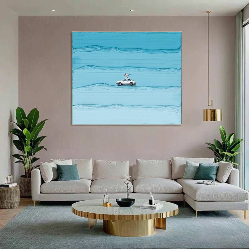 Coastal Surfing Car Canvas Wall Art – Ocean Waves Beach Painting#AB0519051