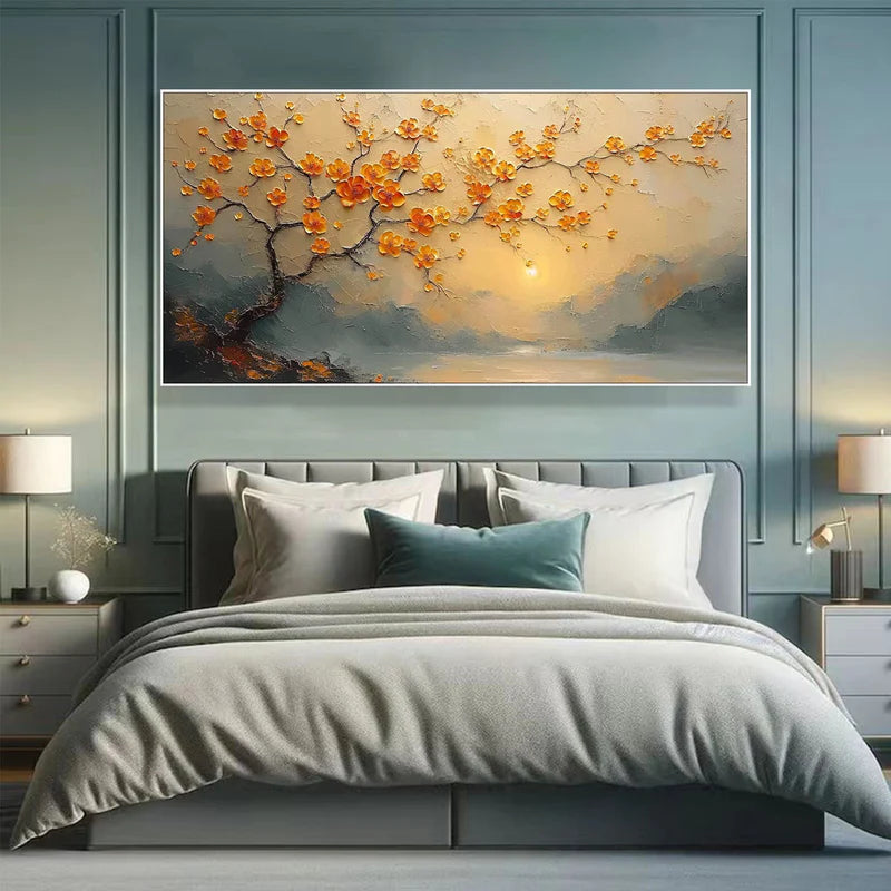 Sunset Blossom Textured Oil Painting – Orange Floral 3D Wall Art#AB0519068