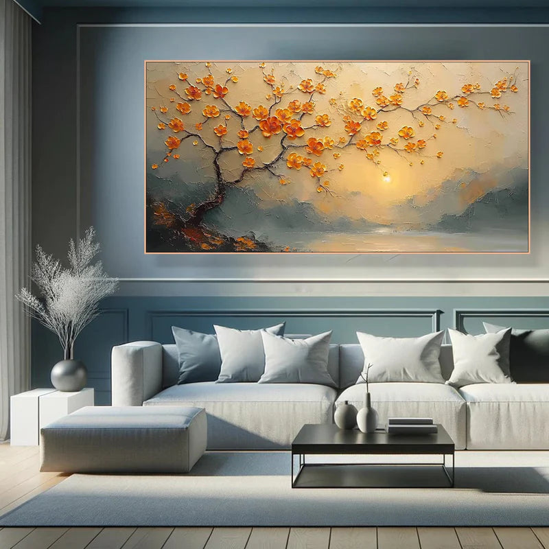 Sunset Blossom Textured Oil Painting – Orange Floral 3D Wall Art#AB0519068
