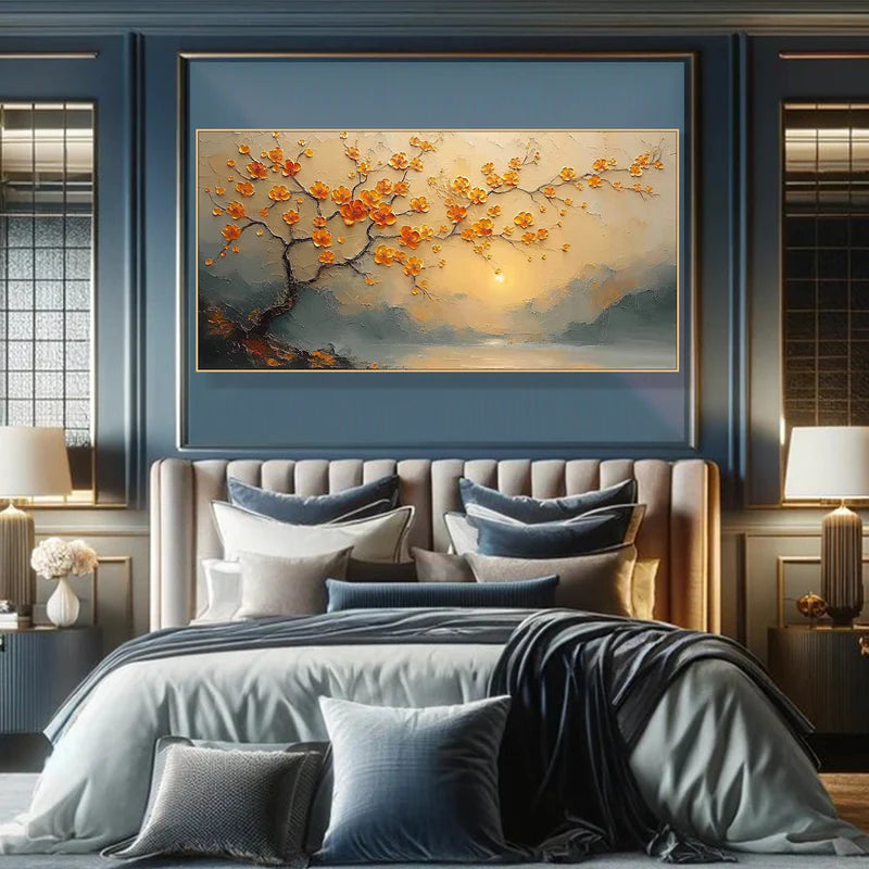 Sunset Blossom Textured Oil Painting – Orange Floral 3D Wall Art#AB0519068