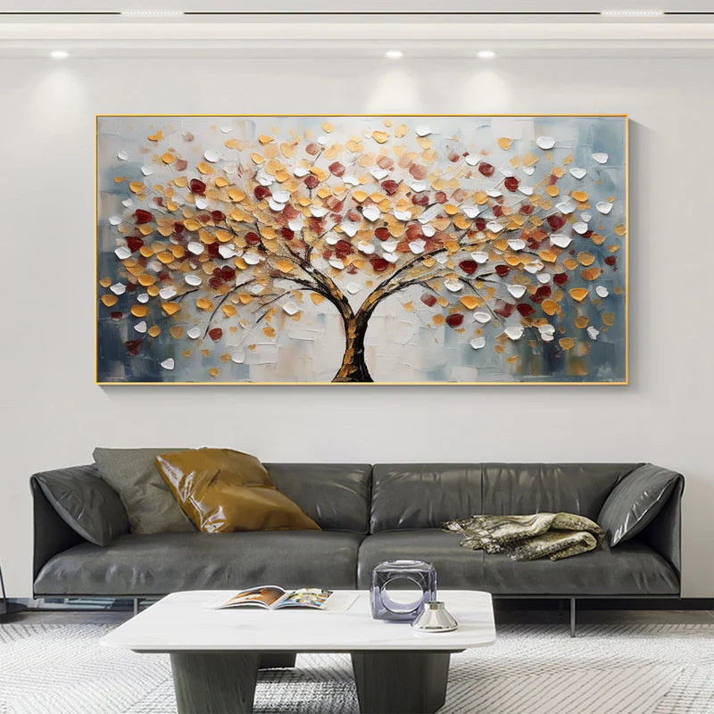Autumn Radiance Textured Oil Painting – Colorful 3D Tree Wall Art#AB0519066